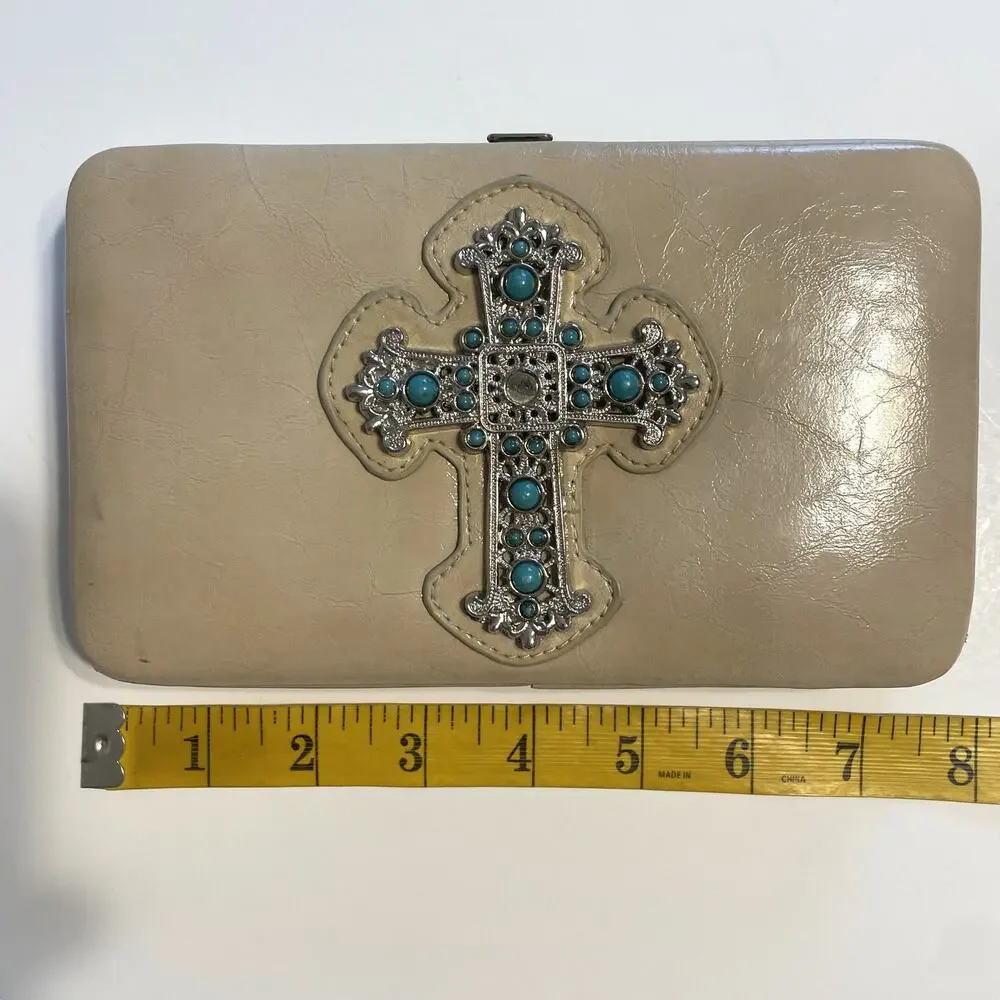 Cream Wallet with Turquoise & Silver Tone Cross